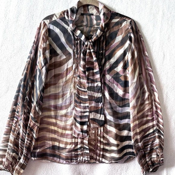 Elie Tahari XS Silk Blouse Top‎ Long Sleeve Animal Print Sheer Chiffon Tie Neck - Picture 1 of 13